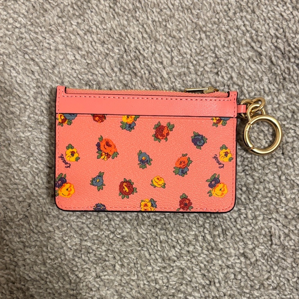 Coach Coral Floral Card Case with Gold Keyring - Picture 2 of 5